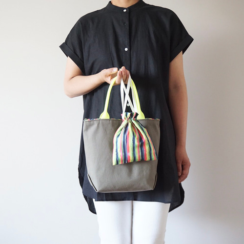 ネオンカラーハンドル＆くすみカラー帆布＆USAコットンのトートバッグ