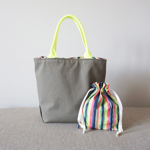 ネオンカラーハンドル＆くすみカラー帆布＆USAコットンのトート