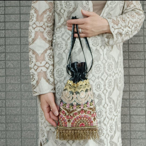 ロココ調 ビーズ刺繍バッグ インドリボンバッグ 巾着バッグ 8 ロココ調 ビーズ刺繍バッグ インドリボンバッグ 巾着バッグ 8