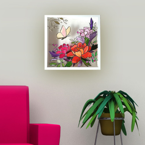 金赤華（送料無料）朱華と金蝶のグラスアート 2枚目の画像