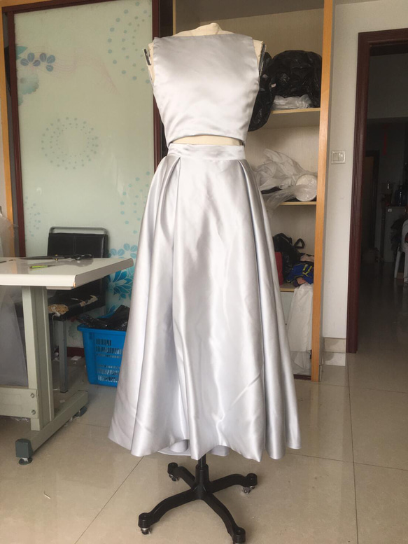 上品！ブルーグレー パーティードレス バックレス 高みせ ツーピース  