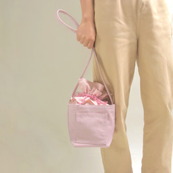 ミニ巾着バッグ☆ ダブルステッチ しかくポケット ショルダーバッグ ボディバッグ ピンク 11枚目の画像