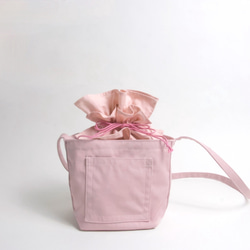 ミニ巾着バッグ☆ ダブルステッチ しかくポケット ショルダーバッグ ボディバッグ ピンク 3枚目の画像