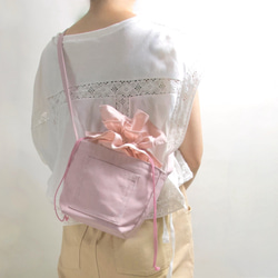 ミニ巾着バッグ☆ ダブルステッチ しかくポケット ショルダーバッグ ボディバッグ ピンク 1枚目の画像