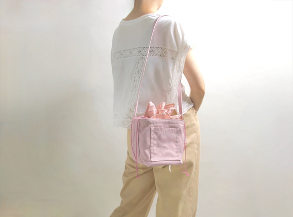 ミニ巾着バッグ☆ ダブルステッチ しかくポケット ショルダーバッグ ボディバッグ ピンク 12枚目の画像
