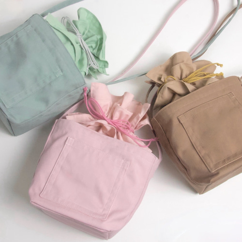 ミニ巾着バッグ☆ ダブルステッチ しかくポケット ショルダー