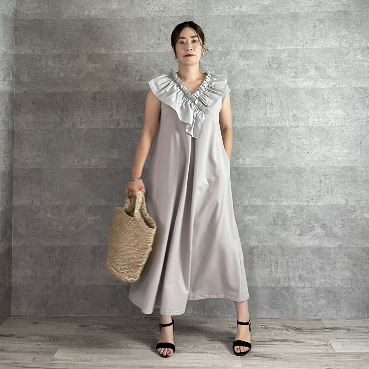 一枚で大人可愛い♡襟コンシャスなゆったり細見え コットンワンピース M~LL【F】グレー KMC-126 268114