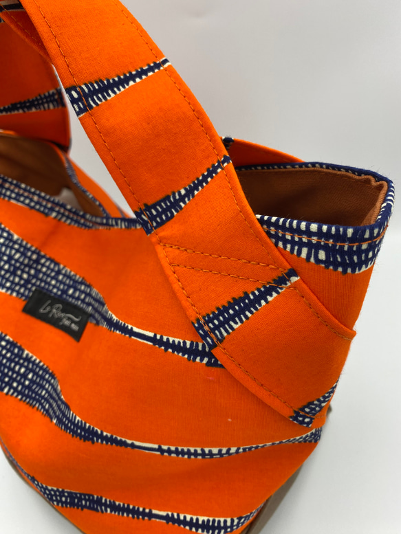 [受注製作] [再販] アフリカ布のミニトートバッグ  ペン柄オレンジ 3枚目の画像