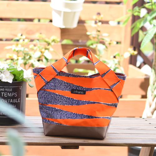 受注製作] [再販] アフリカ布のミニトートバッグ ペン柄オレンジ  