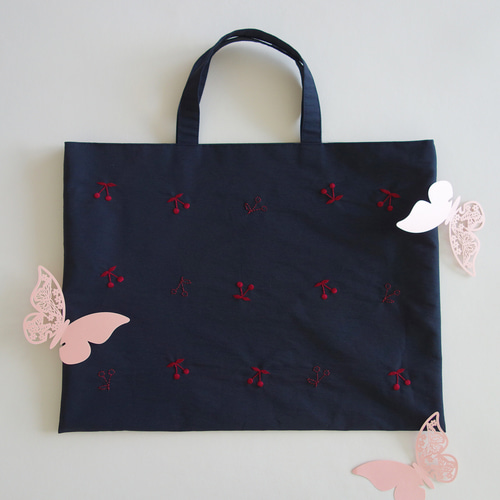 レッスンバッグ さくらんぼ 刺繍 ネイビー リバティ チェリー 女の子