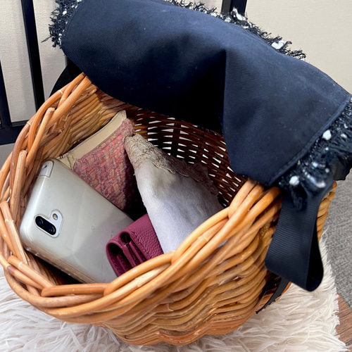 大人カゴバッグ ラタン 籐籠 ✖️リントンツイードモノトーン 黒・白