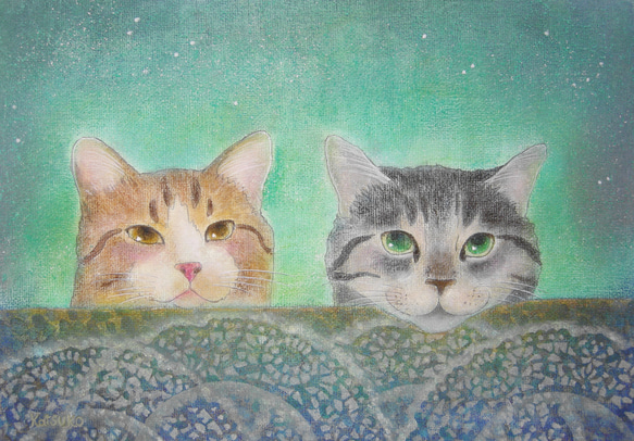 猫　サーフィン　サバトラ　とら猫　サーファー猫　夏　日本画　絵画　原画　海 猫 サーフィン サバトラ とら猫 サーファー猫 夏 日本画 絵画