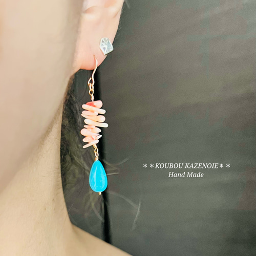 海と空のピアス♪14kgf◇珊瑚とターコイズのピアス(ピンク