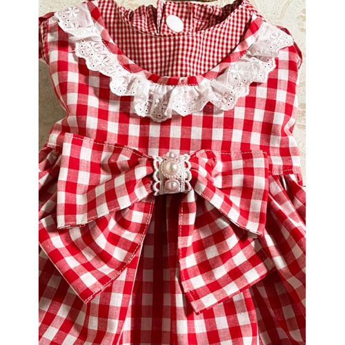ハンドメイドベビー服 前掛けエプロン付き 赤ギンガムチェックワンピース ハンドメイドベビー服 前掛けエプロン付き 赤ギンガムチェック