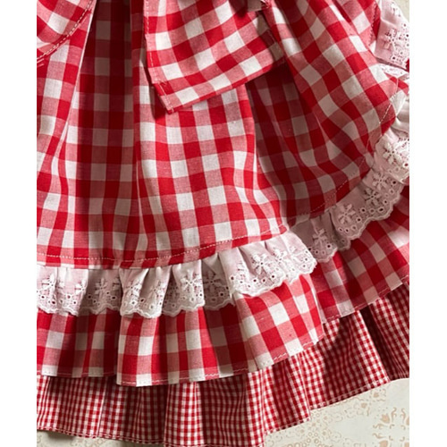 ハンドメイドベビー服 前掛けエプロン付き 赤ギンガムチェックワンピース ハンドメイドベビー服 前掛けエプロン付き 赤ギンガムチェック