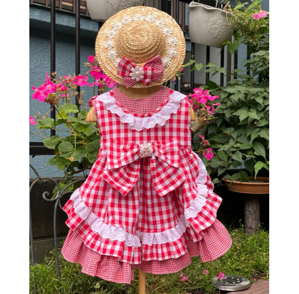 赤ギンガムチェックの可憐なエプロンワンピース ペット服