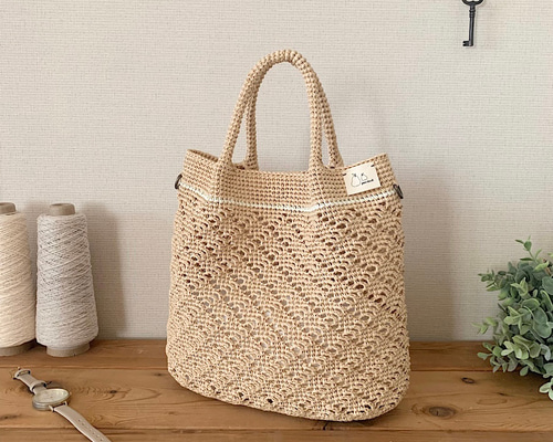 ダイヤ柄かごバッグ：ナチュラル かごバッグ pear-knit. 通販 14076416