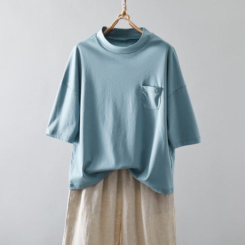 気付けば手に取る コットンカットソー ボトルネック7分袖Tシャツ 気付けば手に取る コットンカットソー ボトルネック7分袖Tシャツ