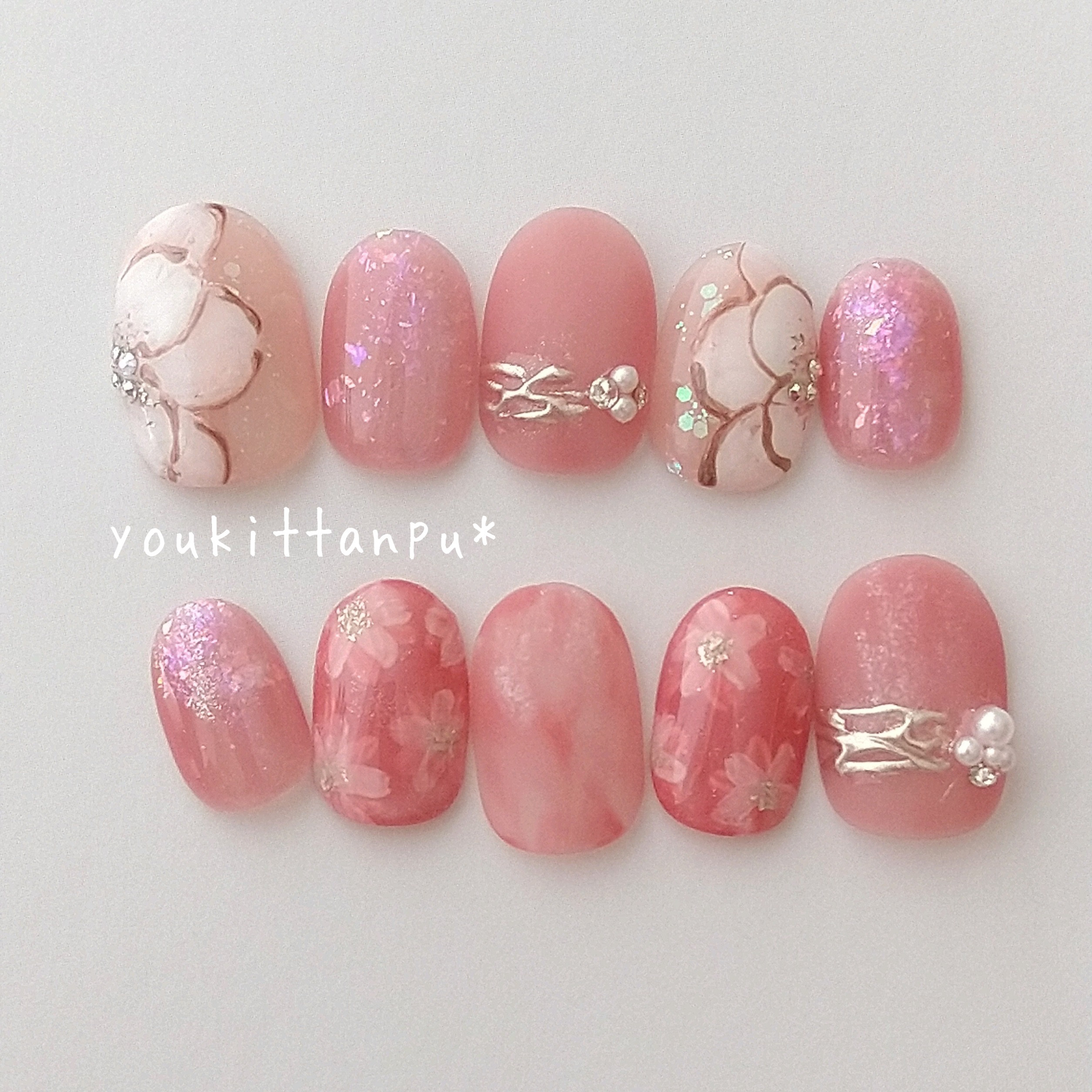 大人ブライダル とろけるいちごソルベ＊ネイルチップ つけ爪 結婚式 ウェディング 白無垢 成人式 振袖 シンプル 花柄