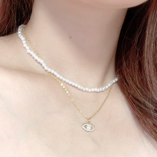 目モチーフ パールビーズネックレス 2連ネックレス ジルコニア