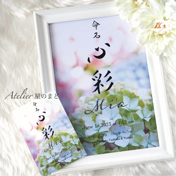 命名書☆オーダー☆おしゃれな誕生月・季節花の命名紙☆「紫陽花」 A4サイズ＆葉書サイズのお得なセット♪ 8枚目の画像