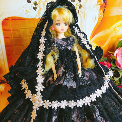 リカちゃん 人形服 手作り ドレス ブラックレースとピンク 小