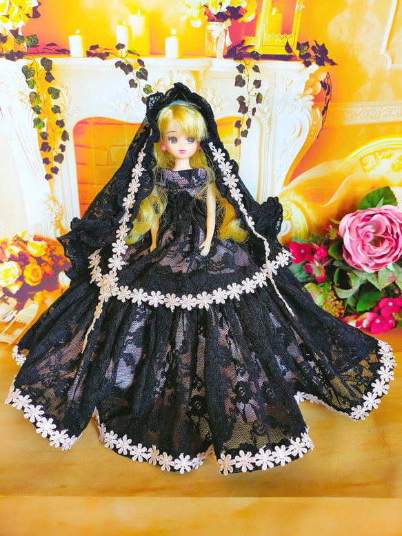 高品質の人気 リカちゃん 小 ブラックレースとピンク ドレス 手作り 人形服 着せ替え服・アウトフィット