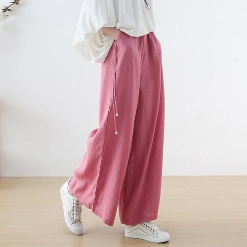 ロングシルエットが綺麗なリネンワイドパンツ ピンク ロングパンツ