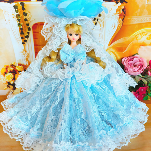 リカちゃん 人形服 手作り ドレス 大ぶり 花 サマードレス 水色