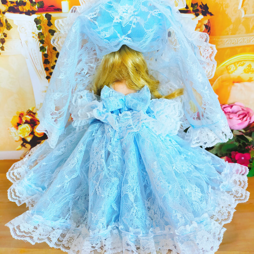 リカちゃん 人形服 手作り ドレス 大ぶり 花 サマードレス 水色