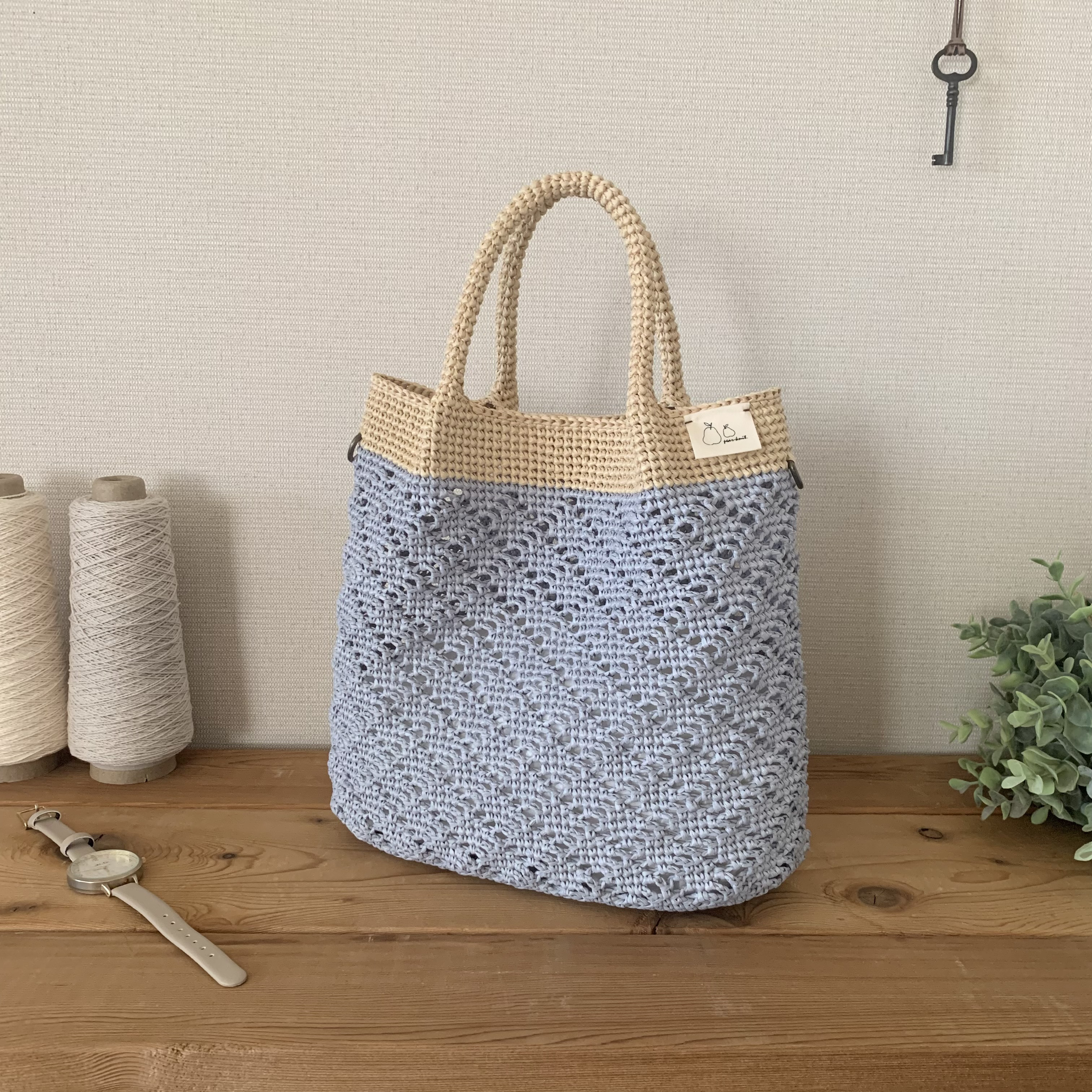 ダイヤ柄かごバッグ：スモークブルー×ナチュラル