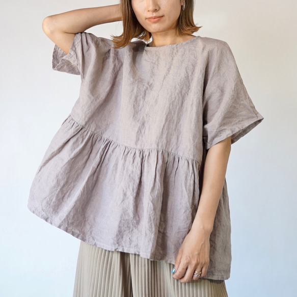 亞麻縮褶襯衫/粉米色/enshu 紡織 第7張的照片