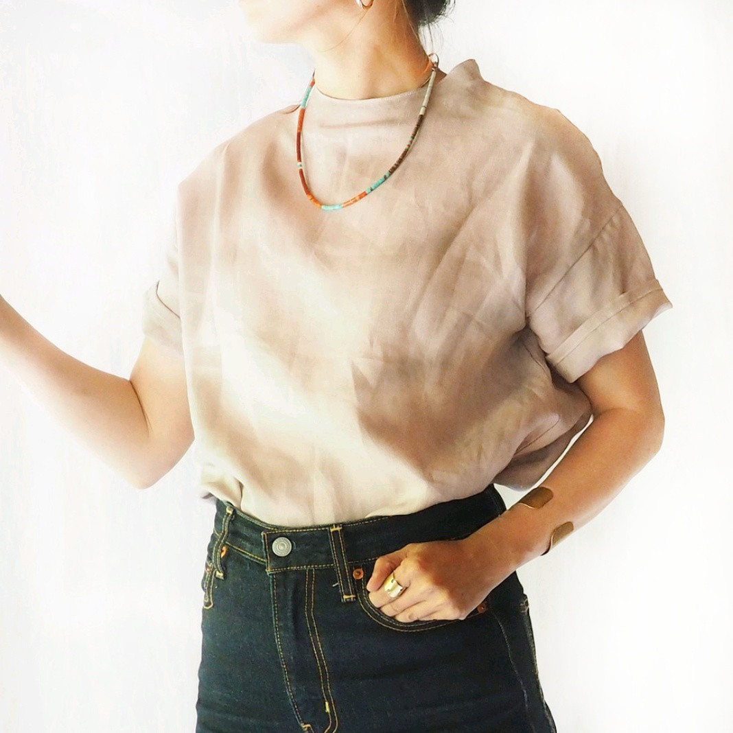 アンティークモーブ　ピンク　リネンTシャツブラウス