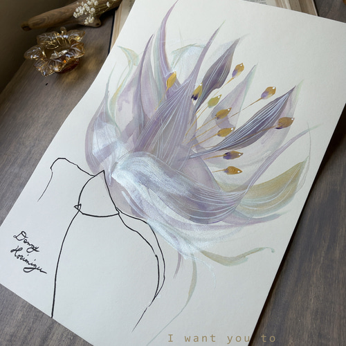 紫色の花 【原画/A3サイズ】 インテリアアート イラスト DENNY