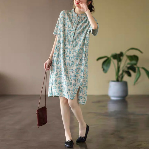 新品】定価45,100円麻100%七分袖チュニックブラウスブルー13号