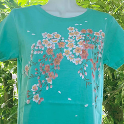 着物風　手染め京友禅Tシャツ桜,　ミントグリーン 3枚目の画像