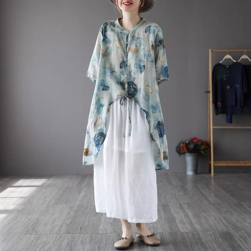 プリント ふんわり　　ラミーチュニック　　五分袖　ゆったり　苧麻 プリント ふんわり ラミーチュニック 五分袖 ゆったり 苧麻 プリント