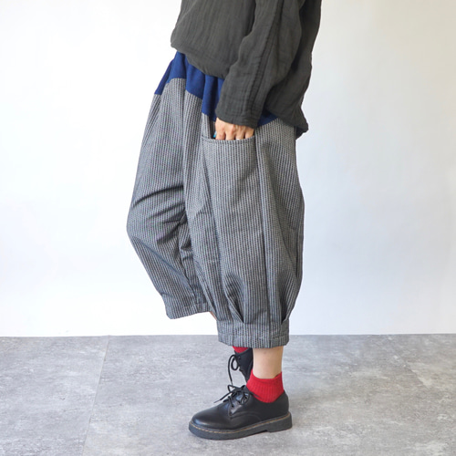 UZUiRO/ウズイロ　ちょうちんパンツ/グレー/三河木綿刺し子織り　藍染め　F ちょうちんパンツ/グレー/三河木綿刺し子織り