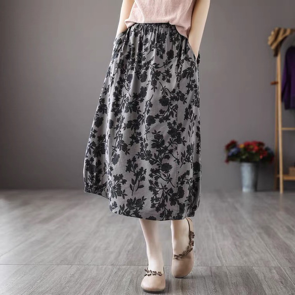 花柄スカート丈 フレアスカート プリーツスカート ギャザー スカート グリーン スカート 可愛い スカート 2枚目の画像