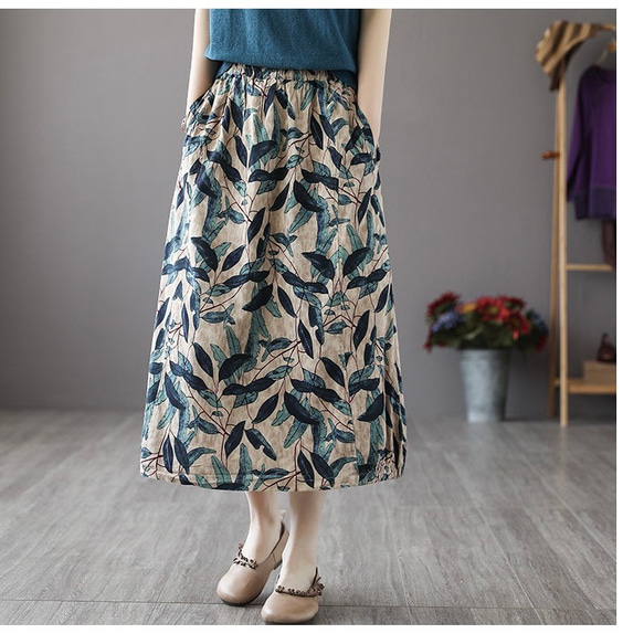 花柄スカート丈 フレアスカート プリーツスカート ギャザー スカート グリーン スカート 可愛い スカート 12枚目の画像