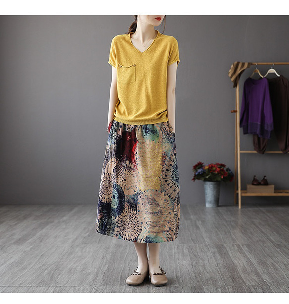 花柄スカート丈 フレアスカート プリーツスカート ギャザー スカート グリーン スカート 可愛い スカート 9枚目の画像