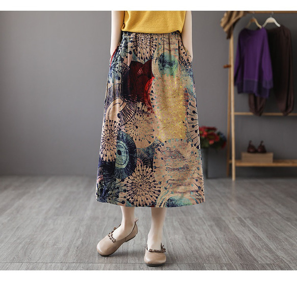 花柄スカート丈 フレアスカート プリーツスカート ギャザー スカート グリーン スカート 可愛い スカート 4枚目の画像
