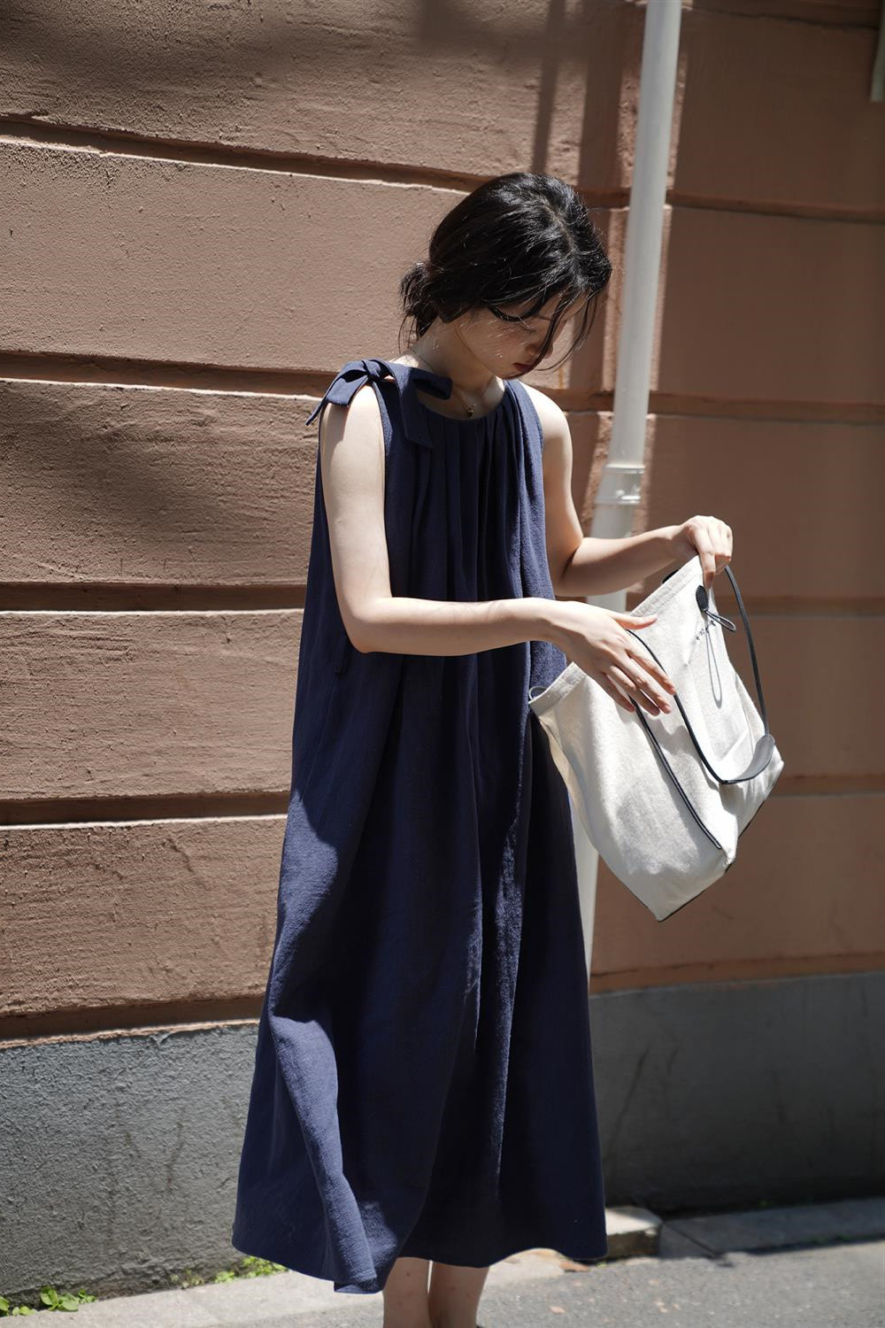 【希少✨極美品】ミナペルホネン cross  麻 紺 ロングワンピース bird