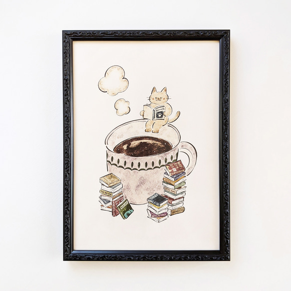 A4 猫と本とコーヒー アートプリント/イラスト複製画 イラスト