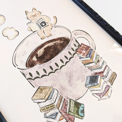 A4 猫と本とコーヒー アートプリント/イラスト複製画 イラスト