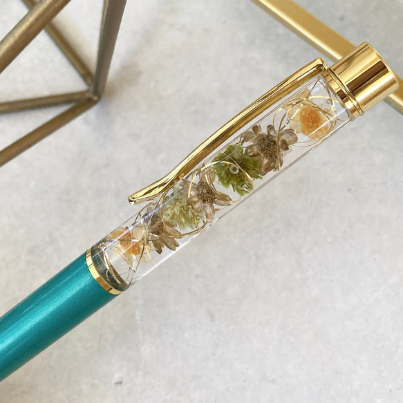 名入れ可能 グリーン×ゴールド ハーバリウムボールペン 無料ラッピング