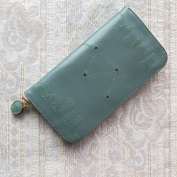 刺繍革財布『街』水浅葱×グリーン（牛革）ラウンドファスナー型 7枚目の画像