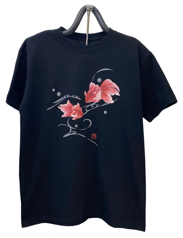 浴衣風　手染め京友禅Tシャツ　金魚　黒 6枚目の画像