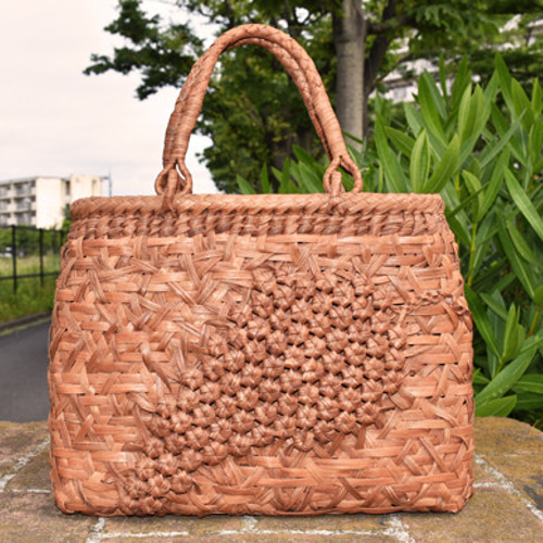 六角花結び編み嵌入 山葡萄 かごバッグ 手作り 乱れ編み 籠 手提げ 内