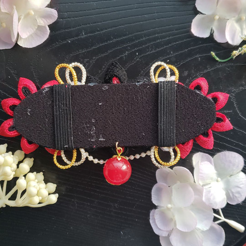 つまみ細工帯留め 帯飾り 七五三 成人式 赤 黒 金 花魁 振り袖